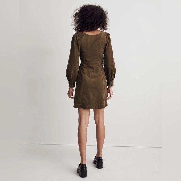 Madewell Corduroy Seamed Long-Sleeve Mini Dress in Kale, Size 0 - Picture 3 of 11